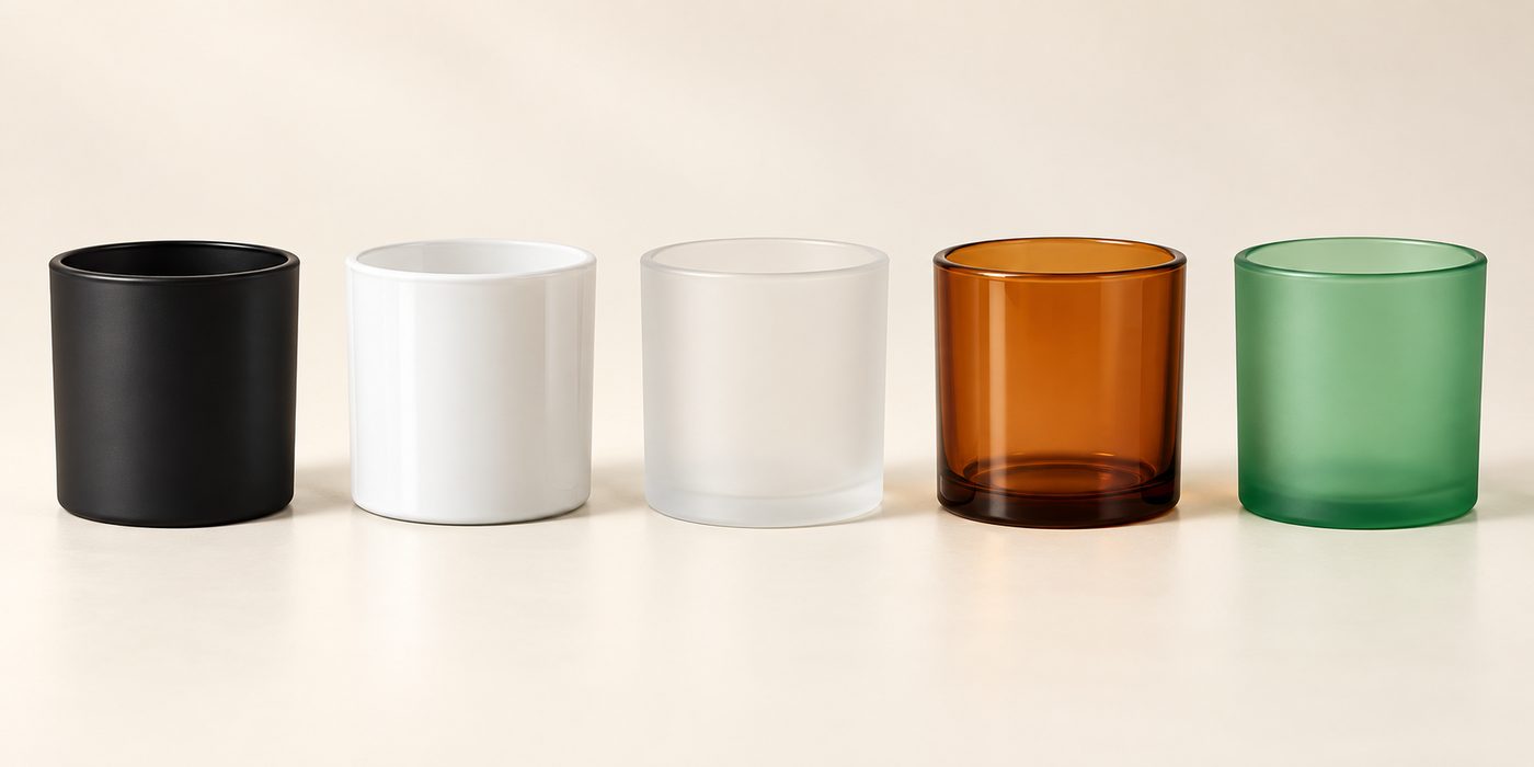 Five candle jars: matte black, gloss white, frosted, amber and green