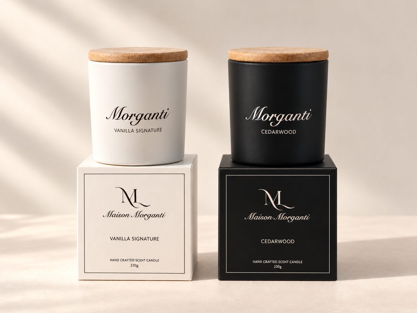Maison Morganti white and black candles with matching printed boxes